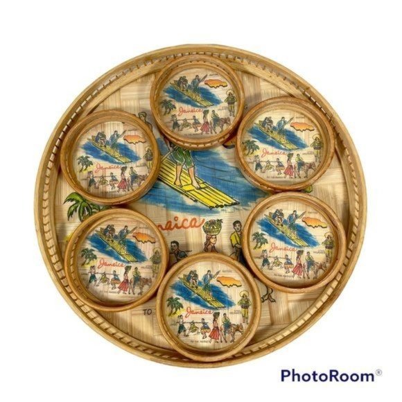 Vintage Tropical Bamboo Drink Tray & Coaster Set 1960s Rattan Tiki Bar MCM Decor - Picture 2 of 6